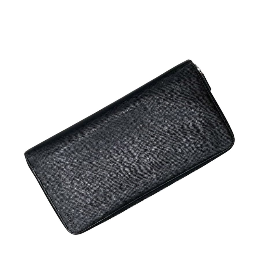 Prada Zip Around Wallet Organizer Black Nero Saffiano Leather
