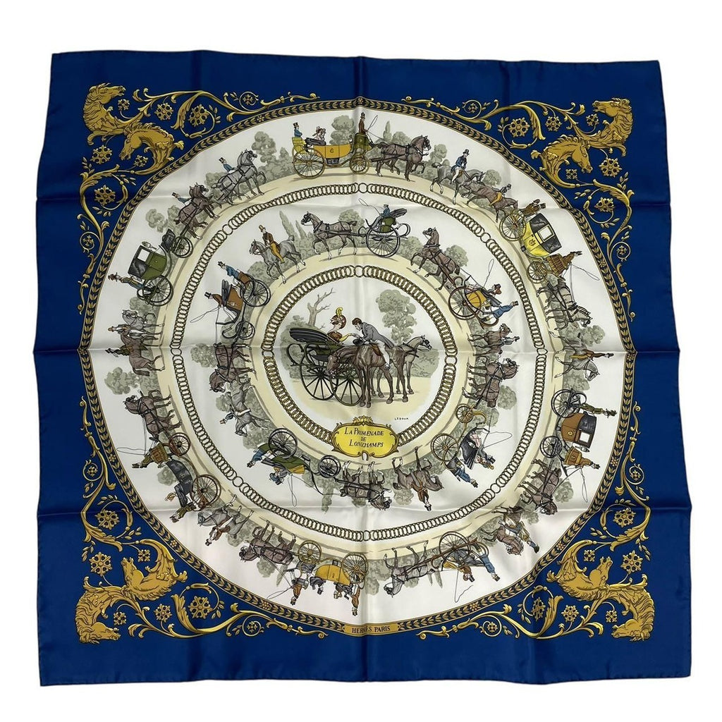 Hermes Scarf Silk Carre 90 la Promenade de Longchamps Walk to Long Chien Navy — view 2