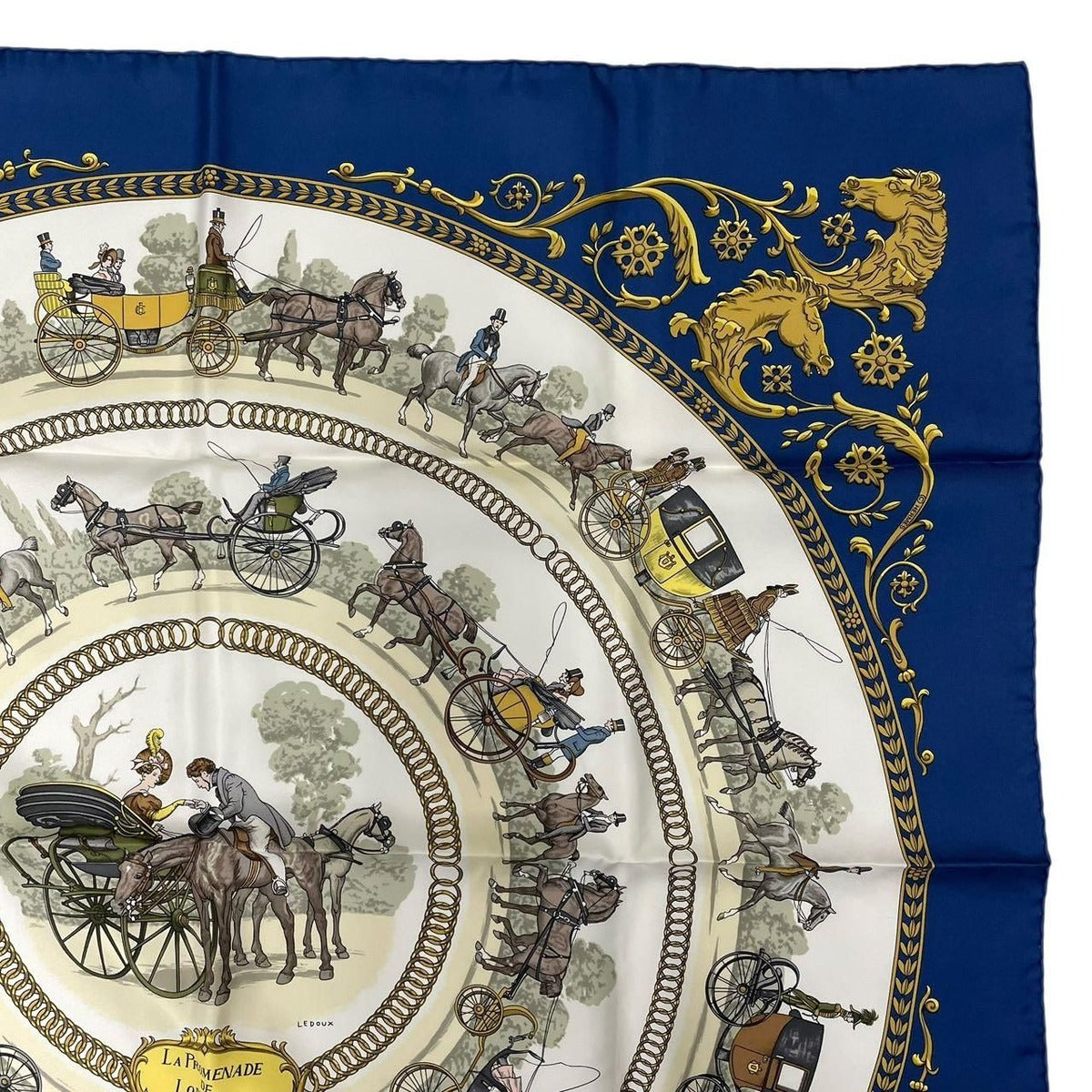 Hermes Scarf Silk Carre 90 la Promenade de Longchamps Walk to Long Chien Navy — view 4