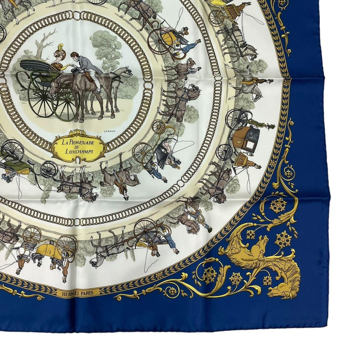 Hermes Scarf Silk Carre 90 la Promenade de Longchamps Walk to Long Chien Navy — view 5