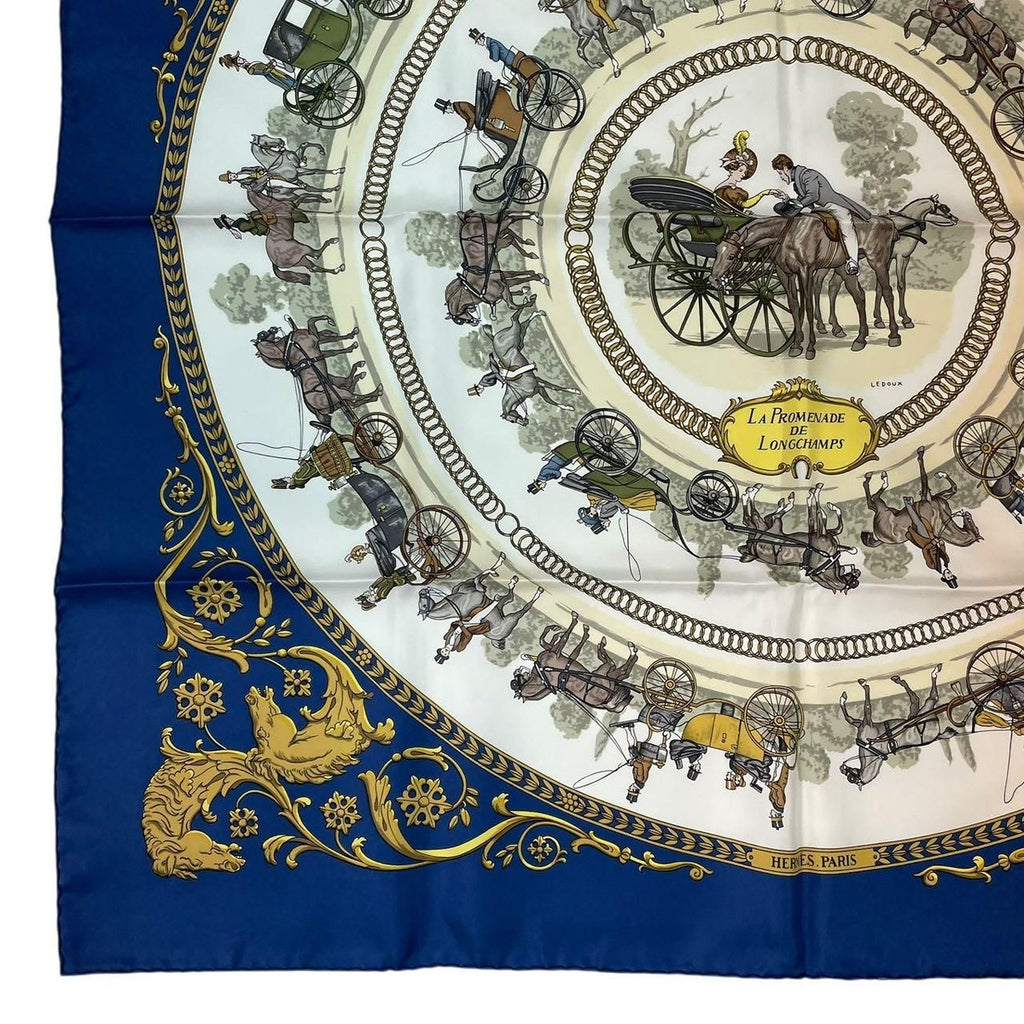Hermes Scarf Silk Carre 90 la Promenade de Longchamps Walk to Long Chien Navy — view 6