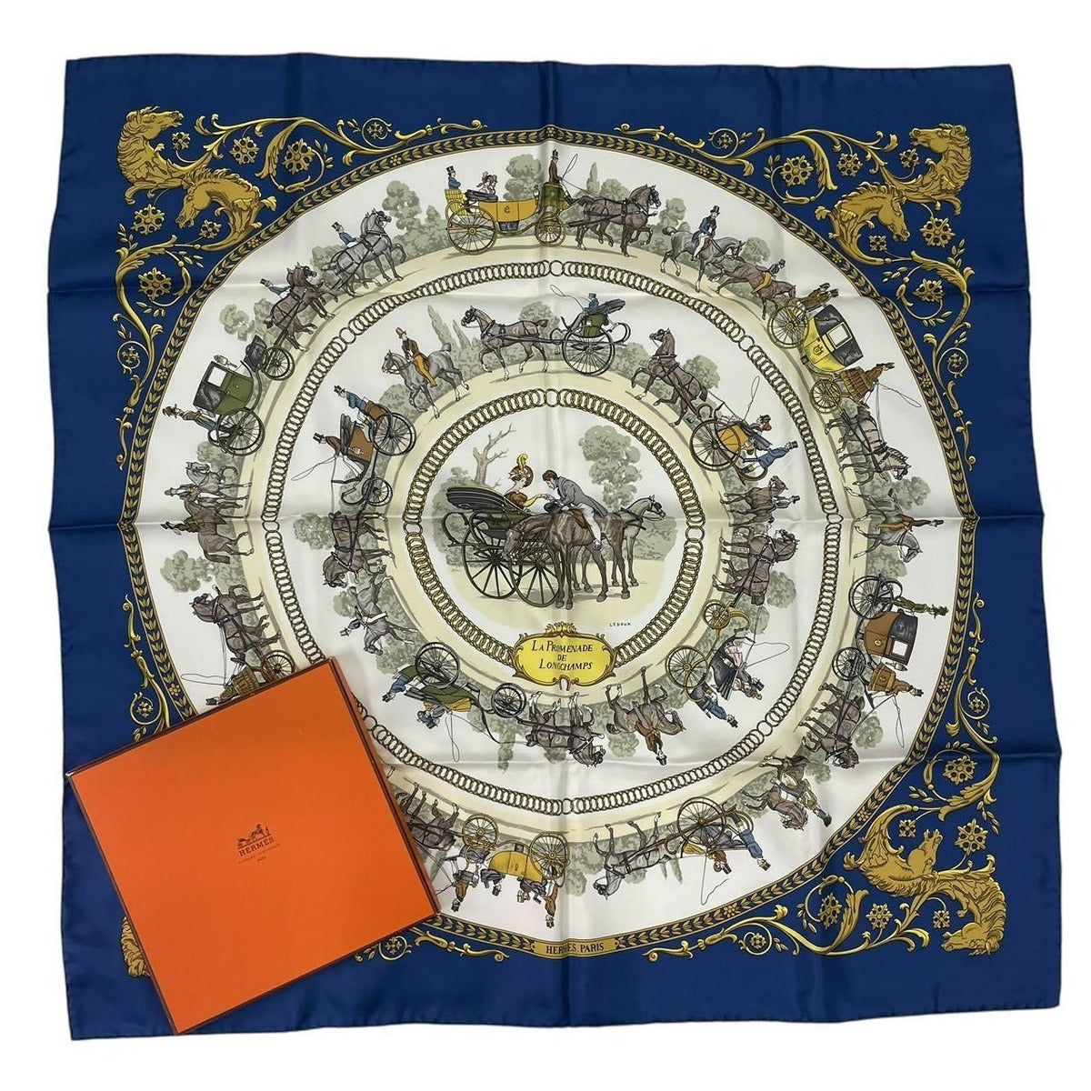 Hermes Scarf Silk Carre 90 la Promenade de Longchamps Walk to Long Chien Navy