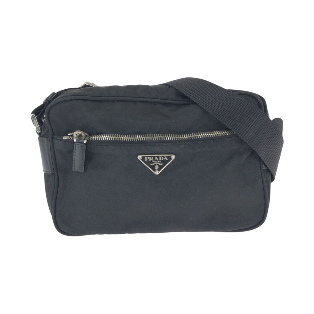 Prada Tessuto Black Silver Nylon Leather Shoulder Bag