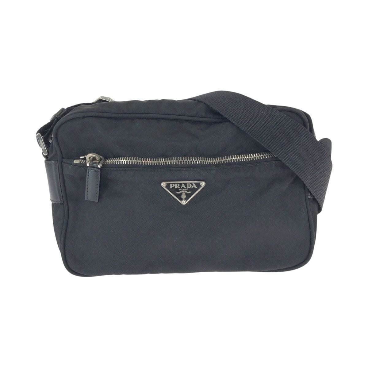 Prada Tessuto Black Silver Nylon Leather Shoulder Bag
