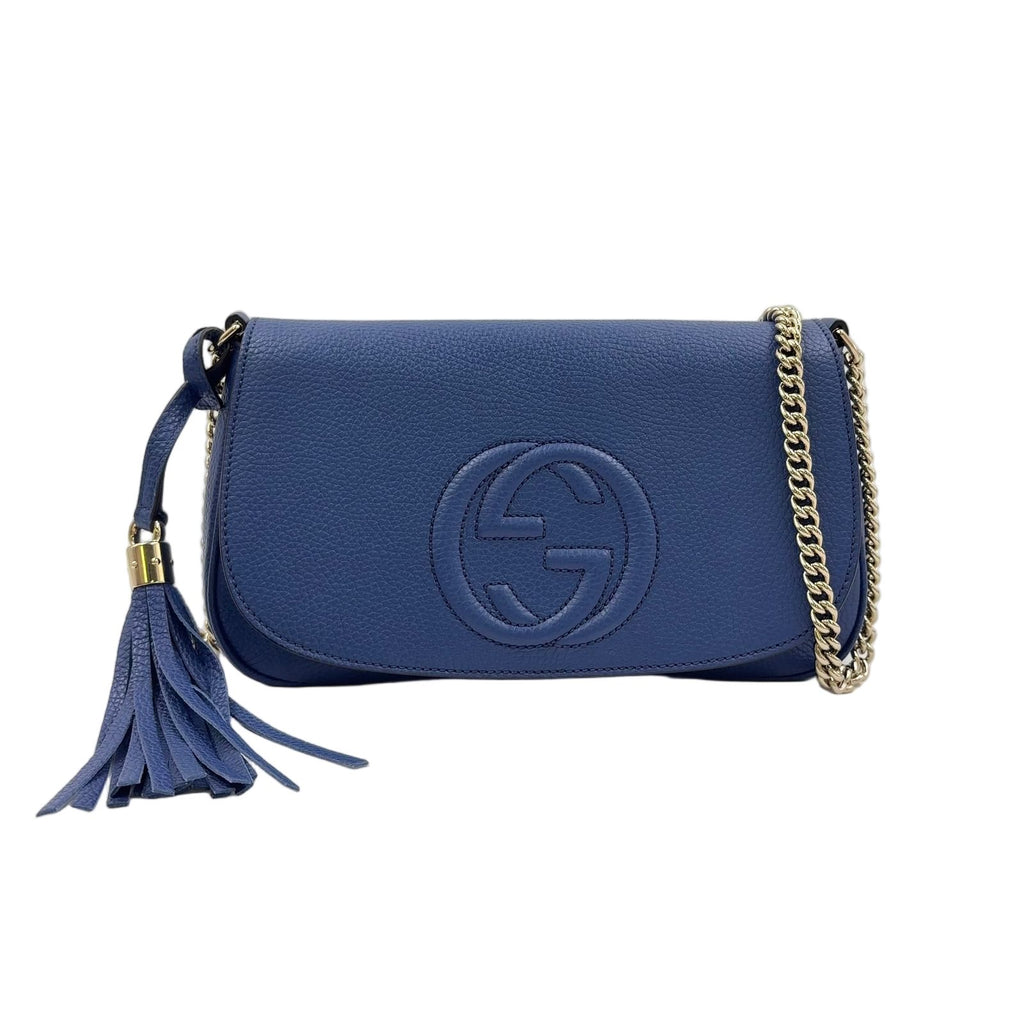 Gucci Soho Leather Blue Chain Shoulder Bag Silver