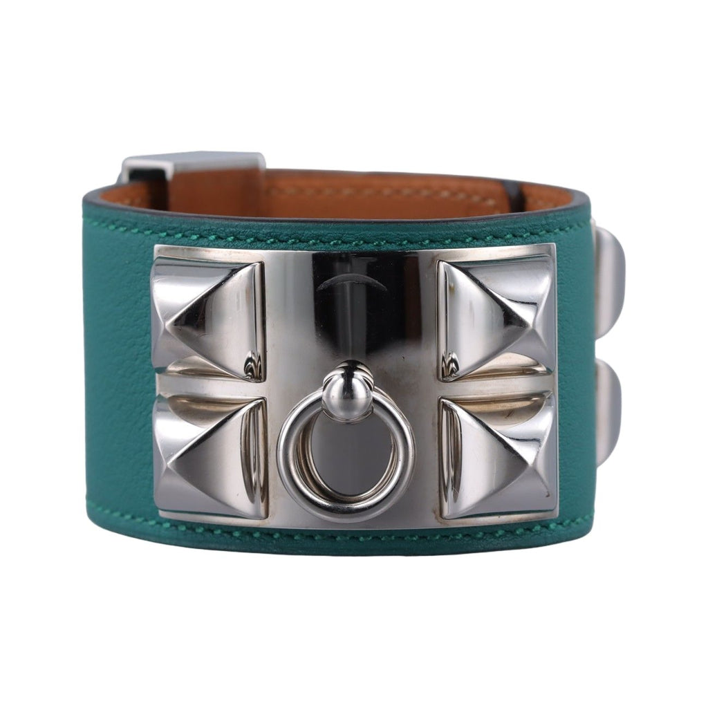 Hermes Collier de Chien Green Silver Leather S R?q Bracelet