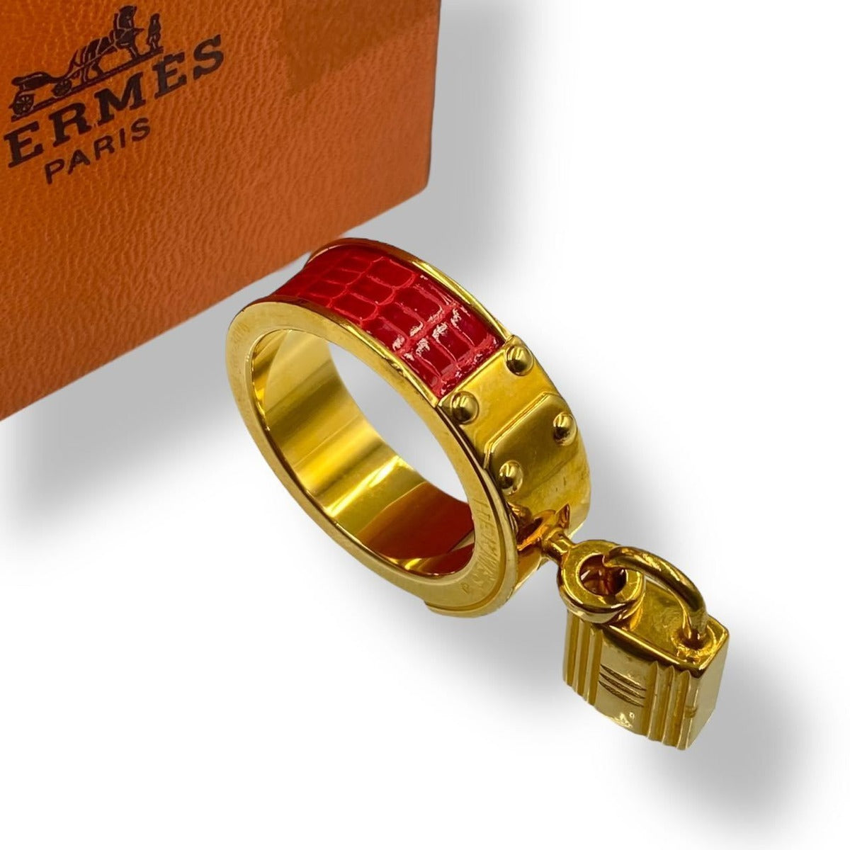Hermes Scarf Ring Gold Red Leather