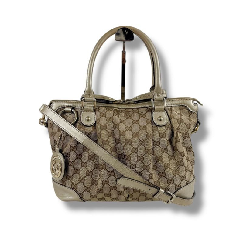 Gucci Sookie 2-Way Shoulder Bag Handbag GG Canvas Gold with Brown Charm