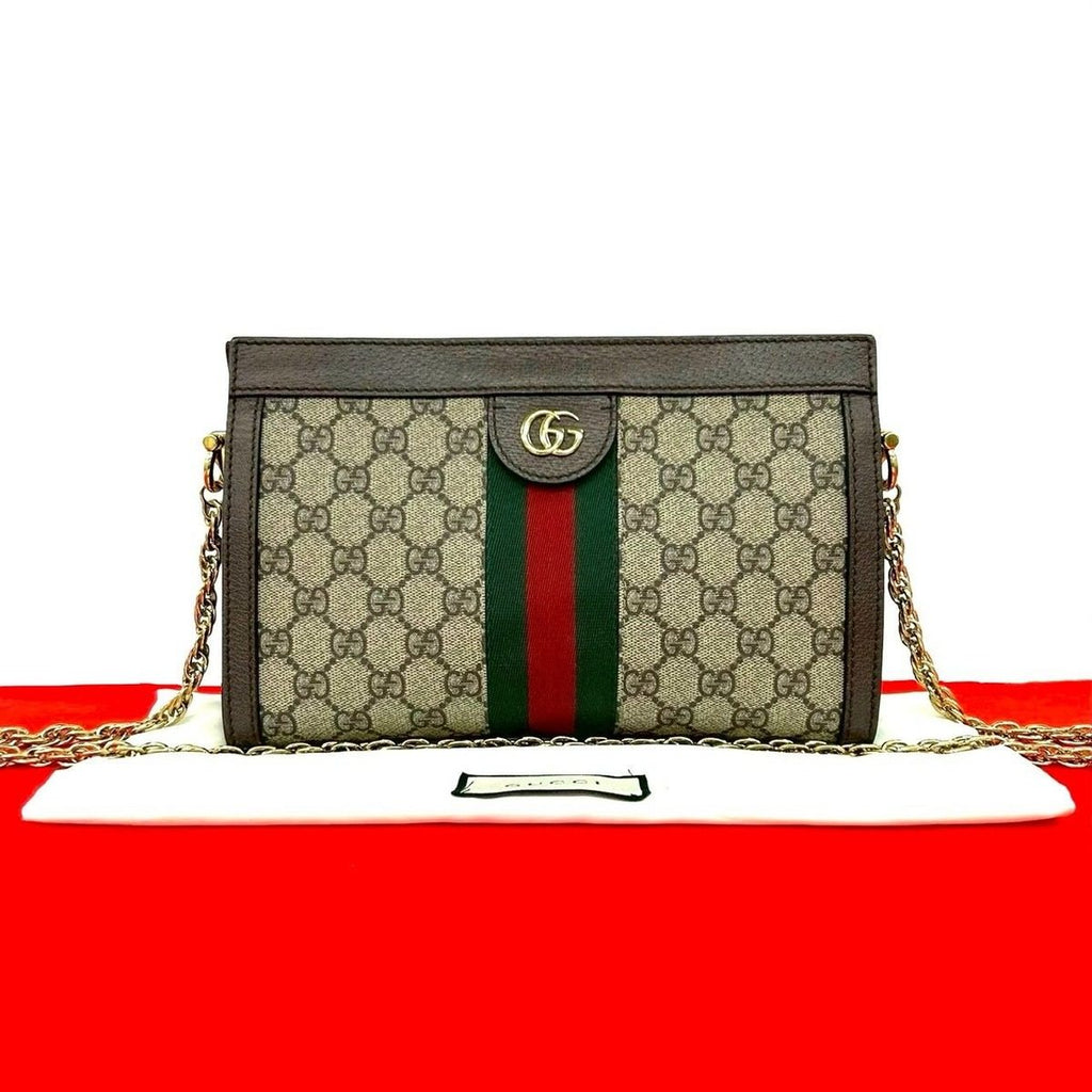 Gucci Ophidia GG Small Logo Pattern Leather Chain Shoulder Bag Pochette Brown
