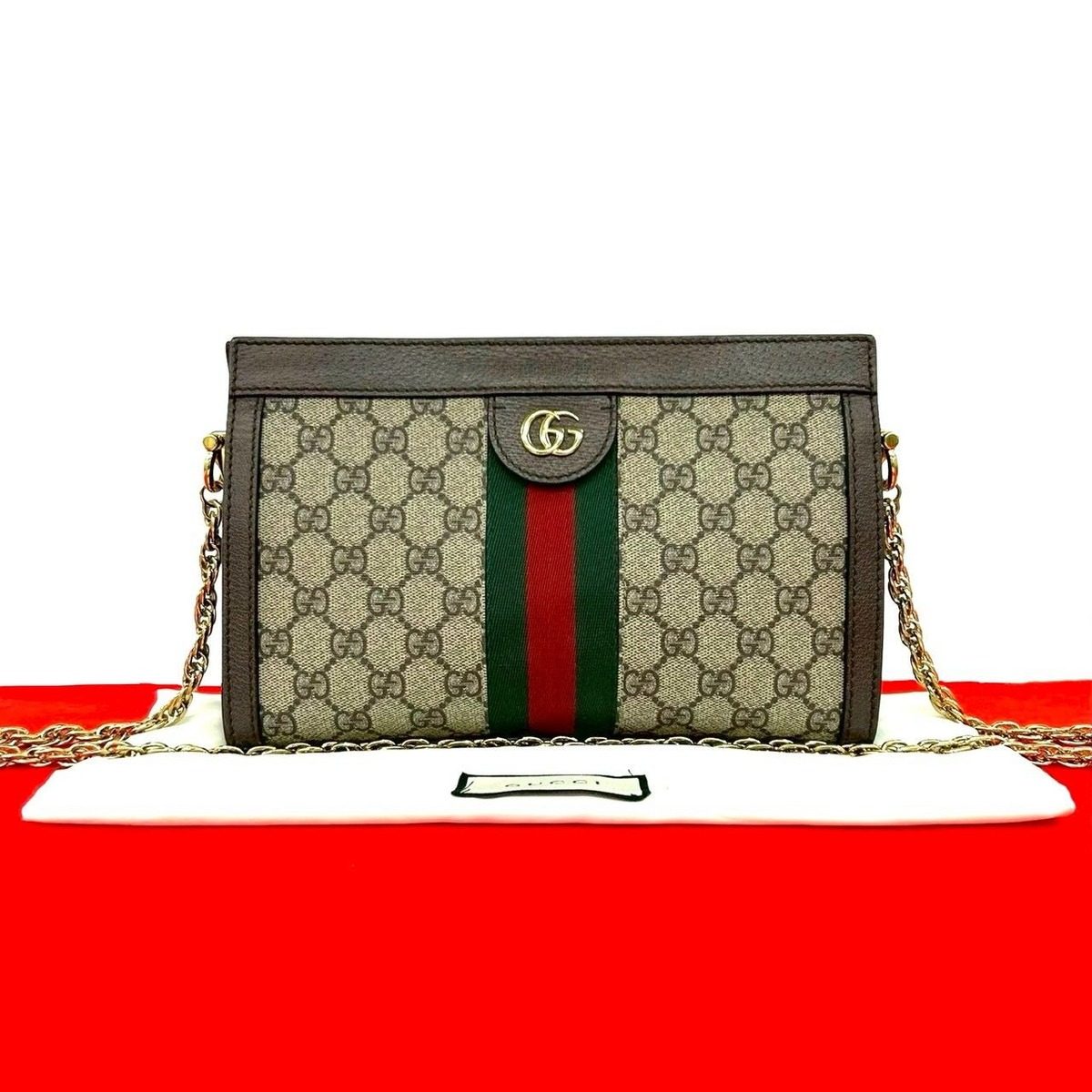 Gucci Ophidia GG Small Logo Pattern Leather Chain Shoulder Bag Pochette Brown