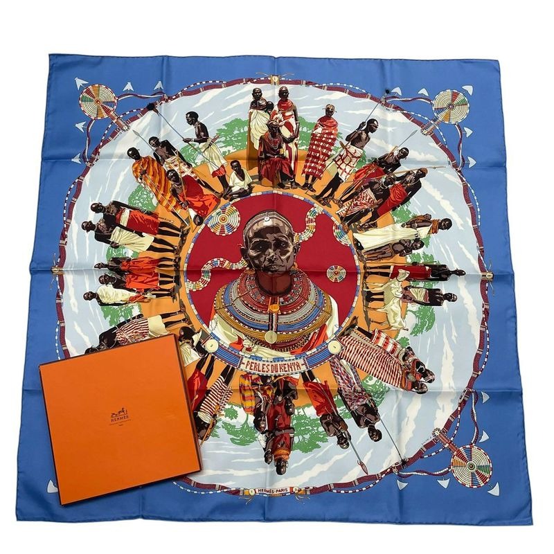 Hermes Carre 90 Silk Scarf Perles DU Kenya Pearls Of Blue Box