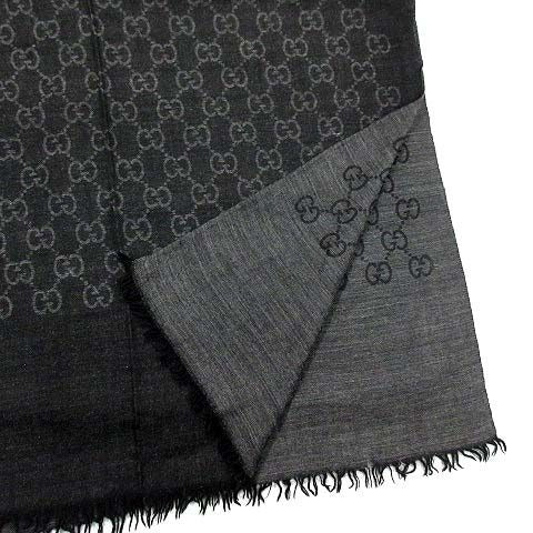 Gucci GG Pattern Wool Silk Large Shawl Gray Black