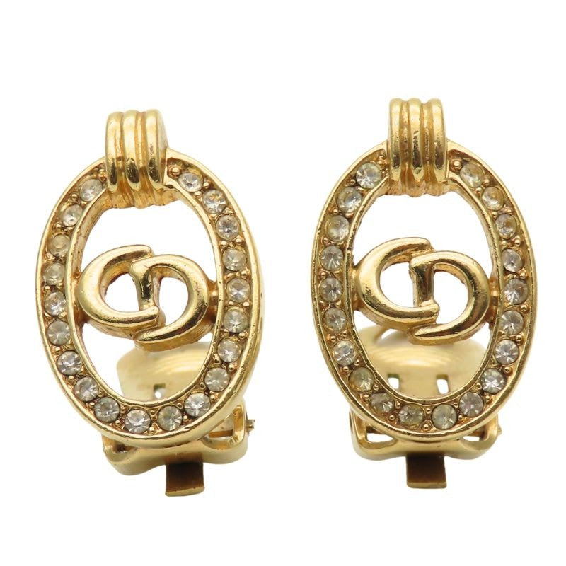 Christian Dior Earrings CD Logo Metal Rhinestone Gold Plated GP Accessories — view 2