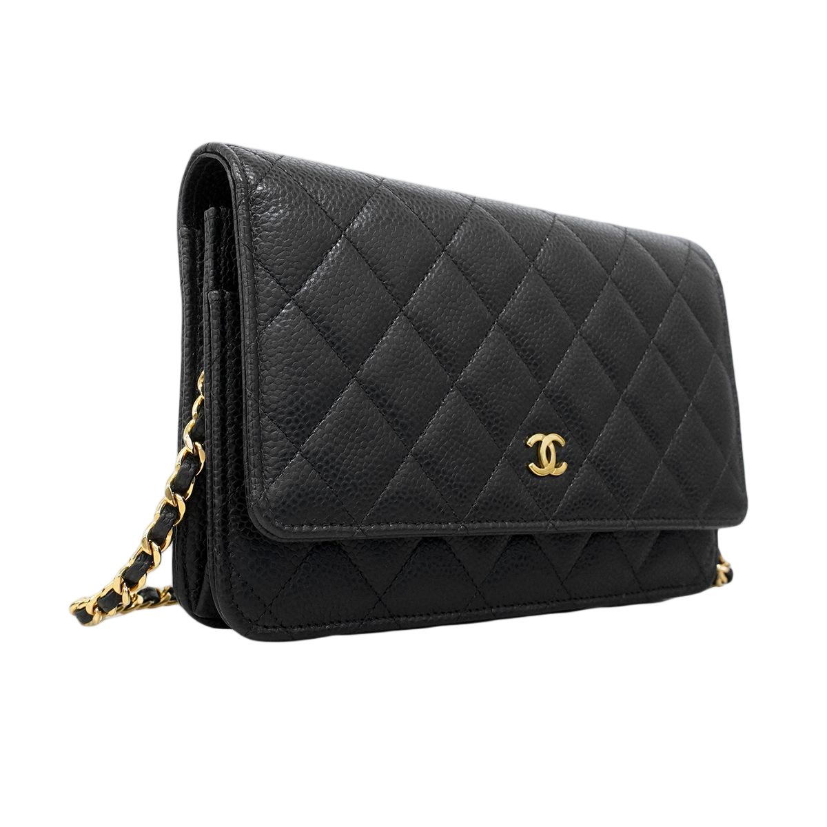 Chanel Shoulder Wallet Quilted Caviar Leather Black Gold — view 2