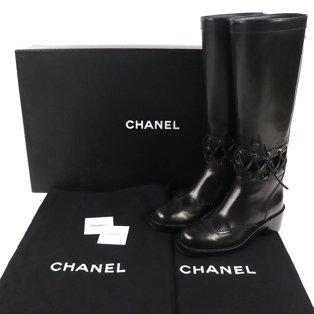 Chanel CC Logo Lace Up Cut Replacement Back Zip Leather Long Boots — view 2