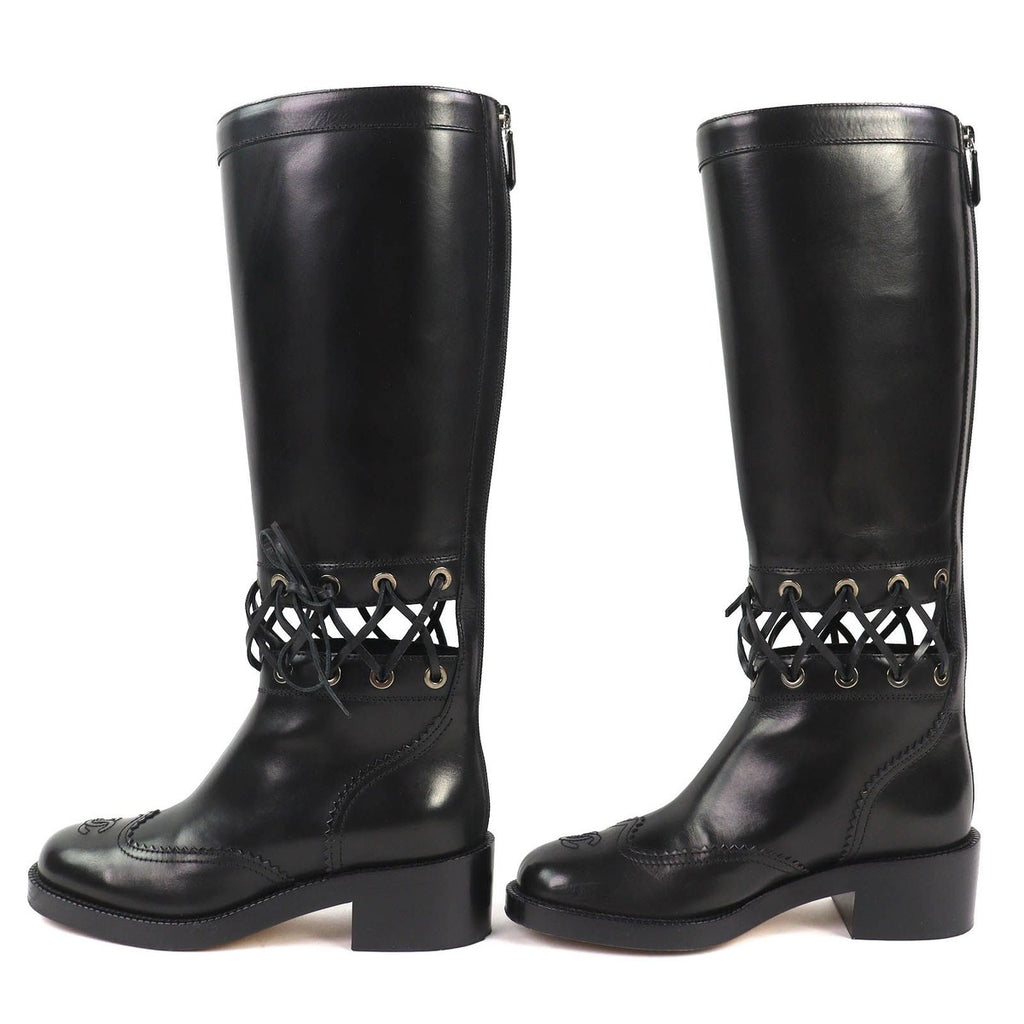 Chanel CC Logo Lace Up Cut Replacement Back Zip Leather Long Boots — view 3