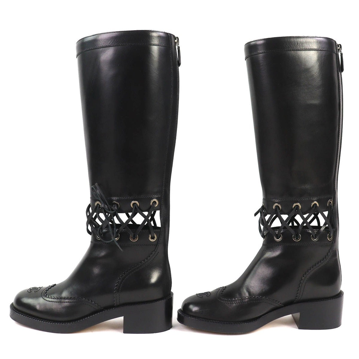 Chanel CC Logo Lace Up Cut Replacement Back Zip Leather Long Boots — view 3