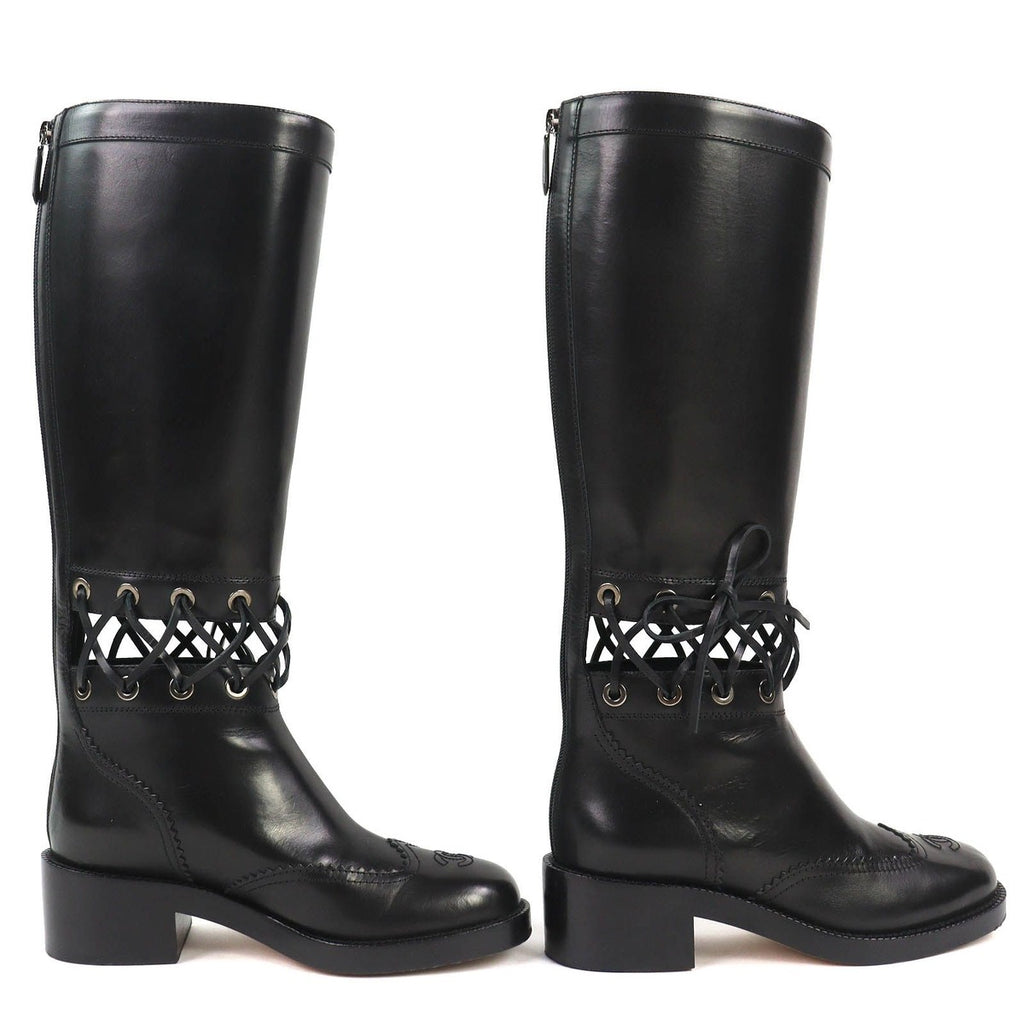 Chanel CC Logo Lace Up Cut Replacement Back Zip Leather Long Boots — view 4