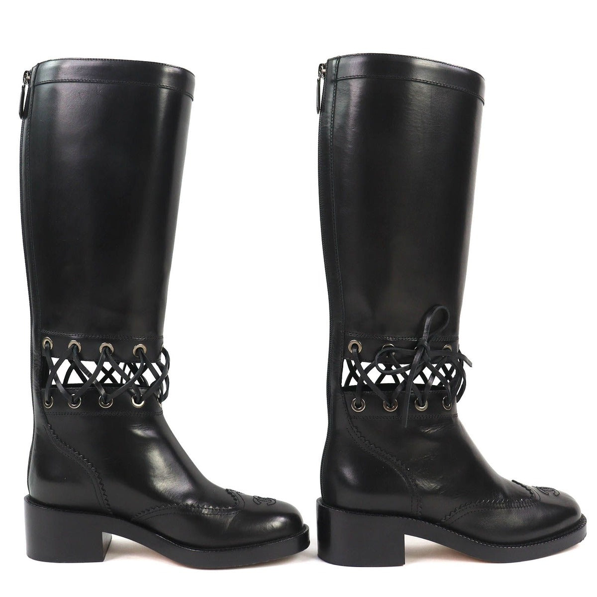 Chanel CC Logo Lace Up Cut Replacement Back Zip Leather Long Boots — view 4