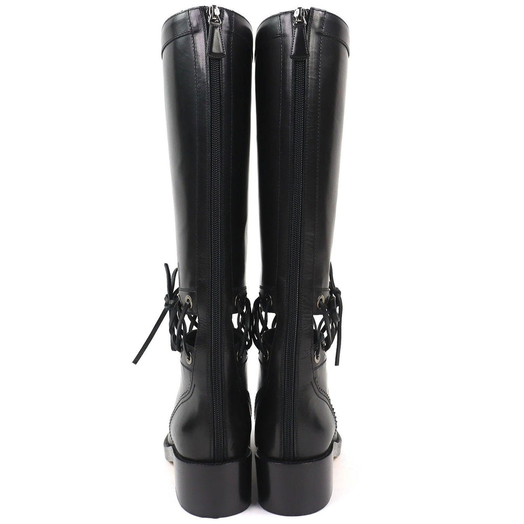 Chanel CC Logo Lace Up Cut Replacement Back Zip Leather Long Boots — view 5
