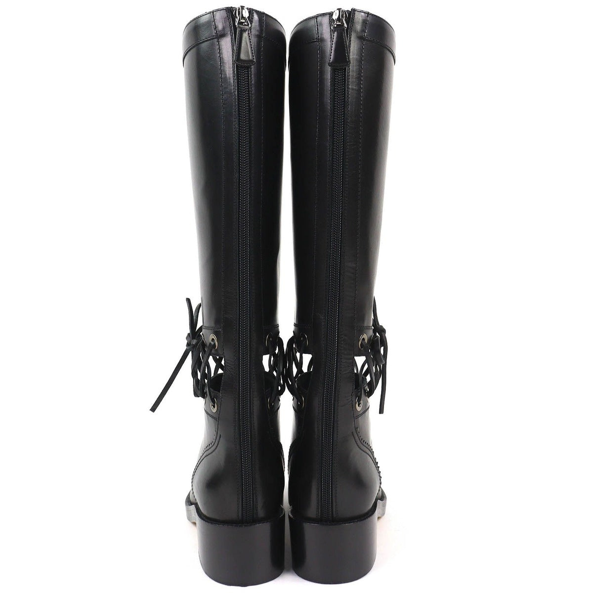 Chanel CC Logo Lace Up Cut Replacement Back Zip Leather Long Boots — view 5