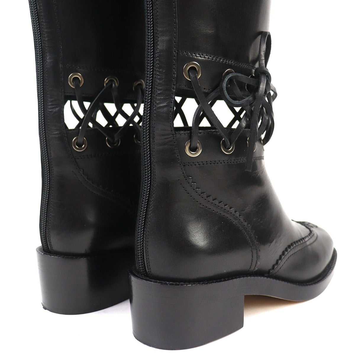 Chanel CC Logo Lace Up Cut Replacement Back Zip Leather Long Boots — view 7
