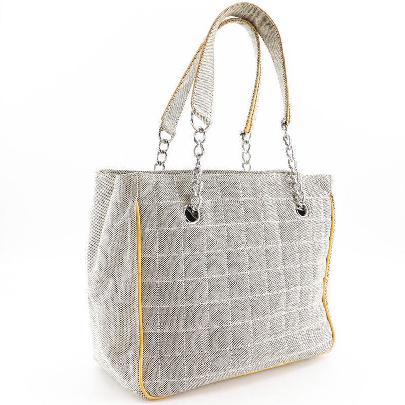 Chanel Camellia NO5 Chocolate Bar Chain Tote Canvas Gray Yellow Bag — view 3