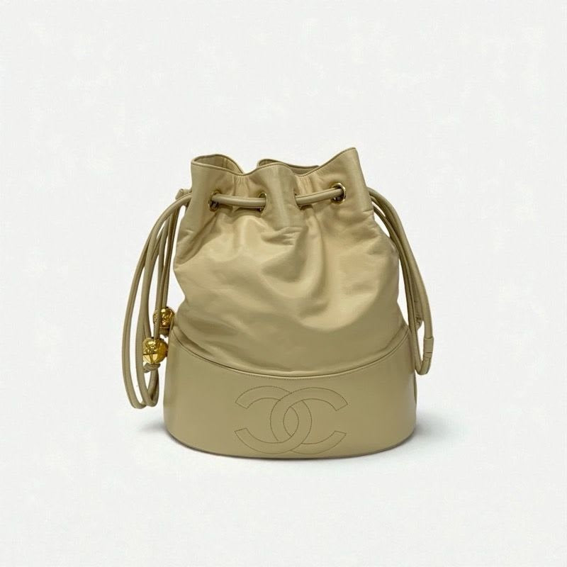 Chanel Bag Shoulder Lambskin Beige Gold Pouch Drawstring