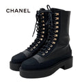 Chanel Boots Short Coco Mark Calfskin Lace Up Black