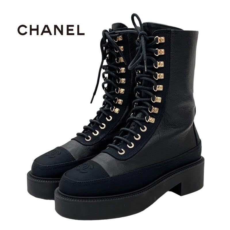 Chanel Boots Short Coco Mark Calfskin Lace Up Black