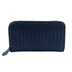Bottega Veneta Intrecciato Zip Around Leather Black Wallet Silver