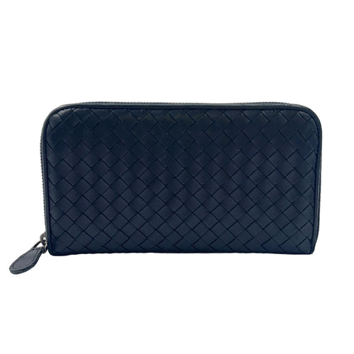 Bottega Veneta Intrecciato Zip Around Leather Black Wallet Silver