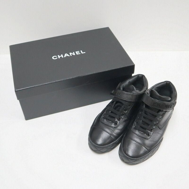 Chanel High Cut Sneakers Shoelace Type Leather Black 37