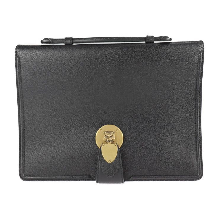 Gucci Cat Head Business Bag Leather Black Gold Hardware Clutch
