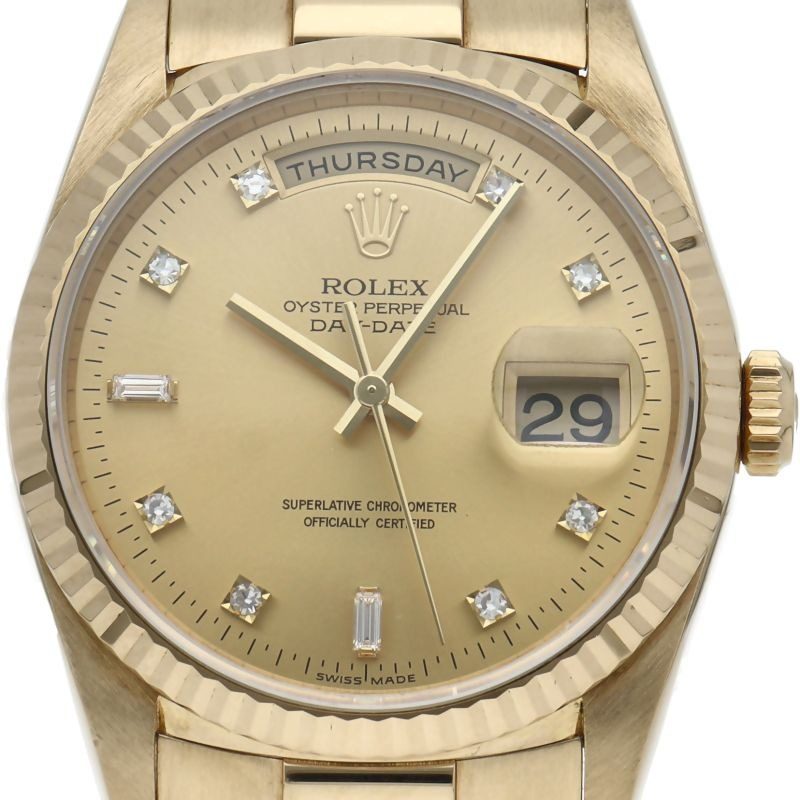 Rolex Day Date Watch Diamond Box 18k Yellow Gold Champagne Gold Polished