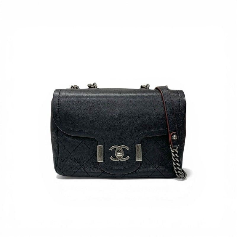 Chanel Shoulder Bag Black Red Silver Axic CC Logo Quilted Turnlock Single Flap