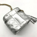 Chanel CC Logo Quilted Chain Shoulder Bag with Fringe Vanity Silver Leather — view 3