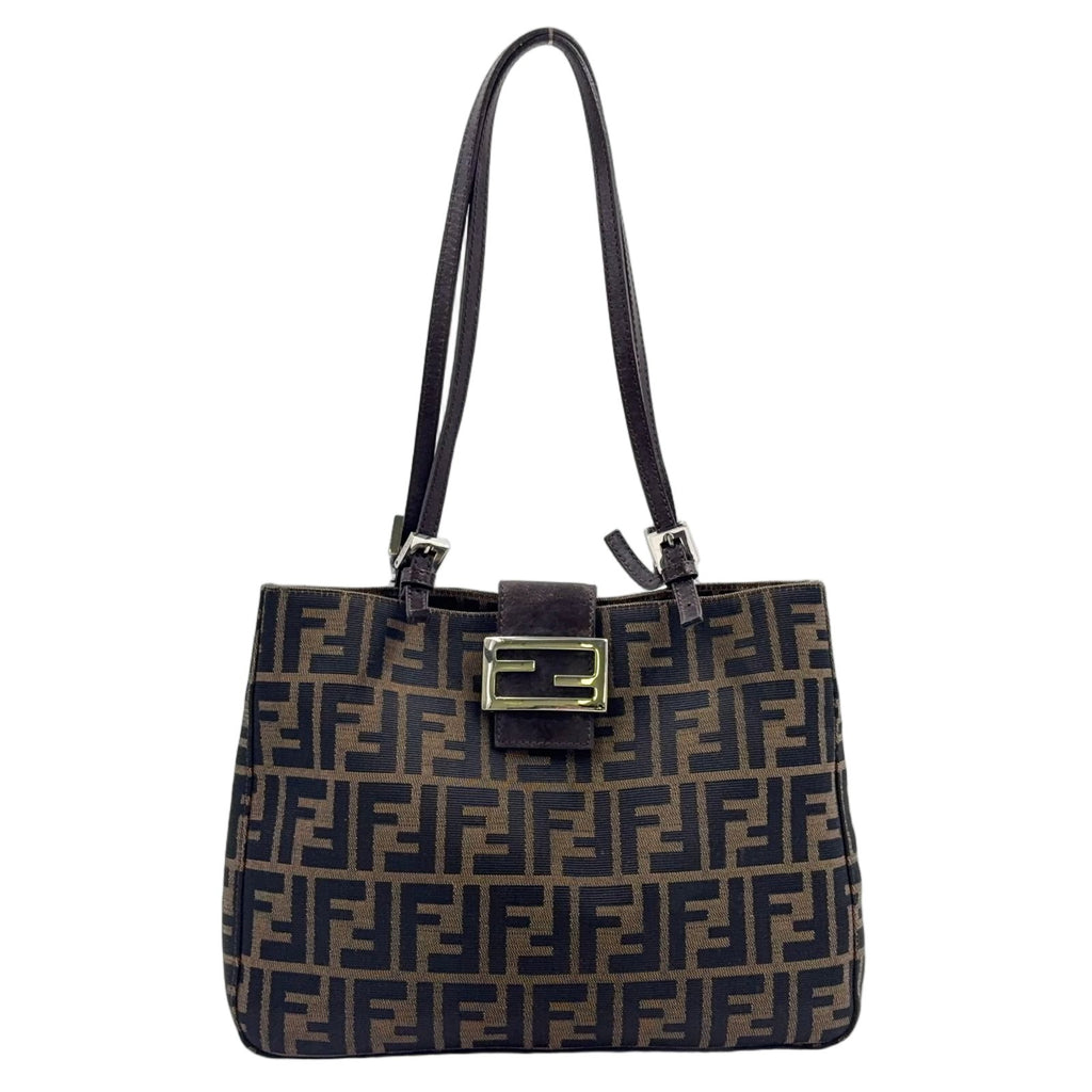 Fendi Zucca Pattern Logo Buckle Leather Canvas Dark Brown Handbag Silver