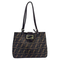 Fendi Zucca Pattern Logo Buckle Leather Canvas Dark Brown Handbag Silver