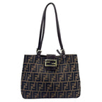 Fendi Zucca Pattern Logo Buckle Leather Canvas Dark Brown Handbag Silver