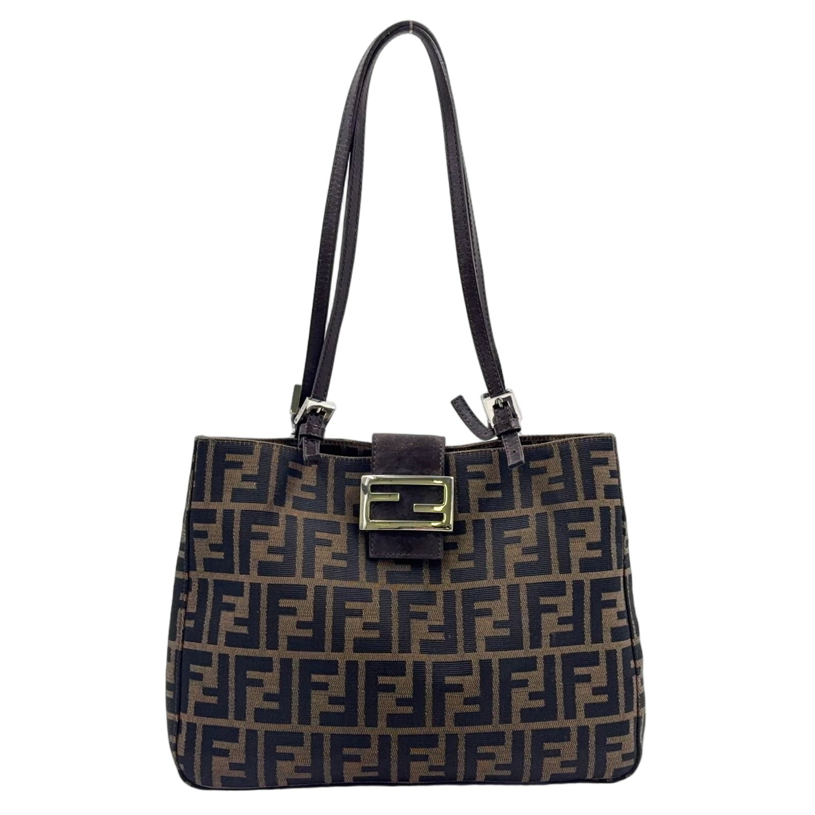 Fendi Zucca Pattern Logo Buckle Leather Canvas Dark Brown Handbag Silver