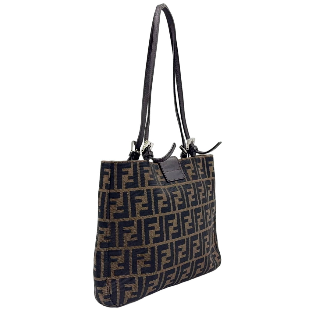 Fendi Zucca Pattern Logo Buckle Leather Canvas Dark Brown Handbag Silver — view 2