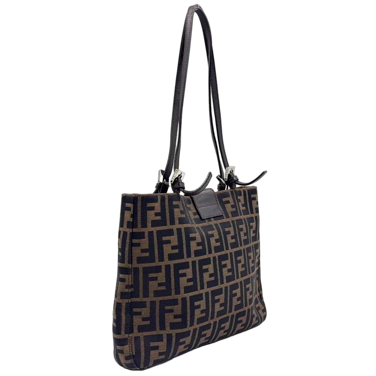 Fendi Zucca Pattern Logo Buckle Leather Canvas Dark Brown Handbag Silver — view 2