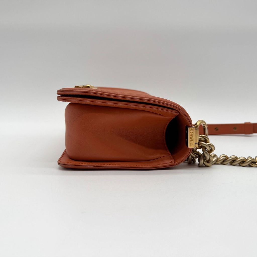 Chanel Large Shoulder Bag Boy CC Logo Gold Orange Leather with Shield Chain — view 3