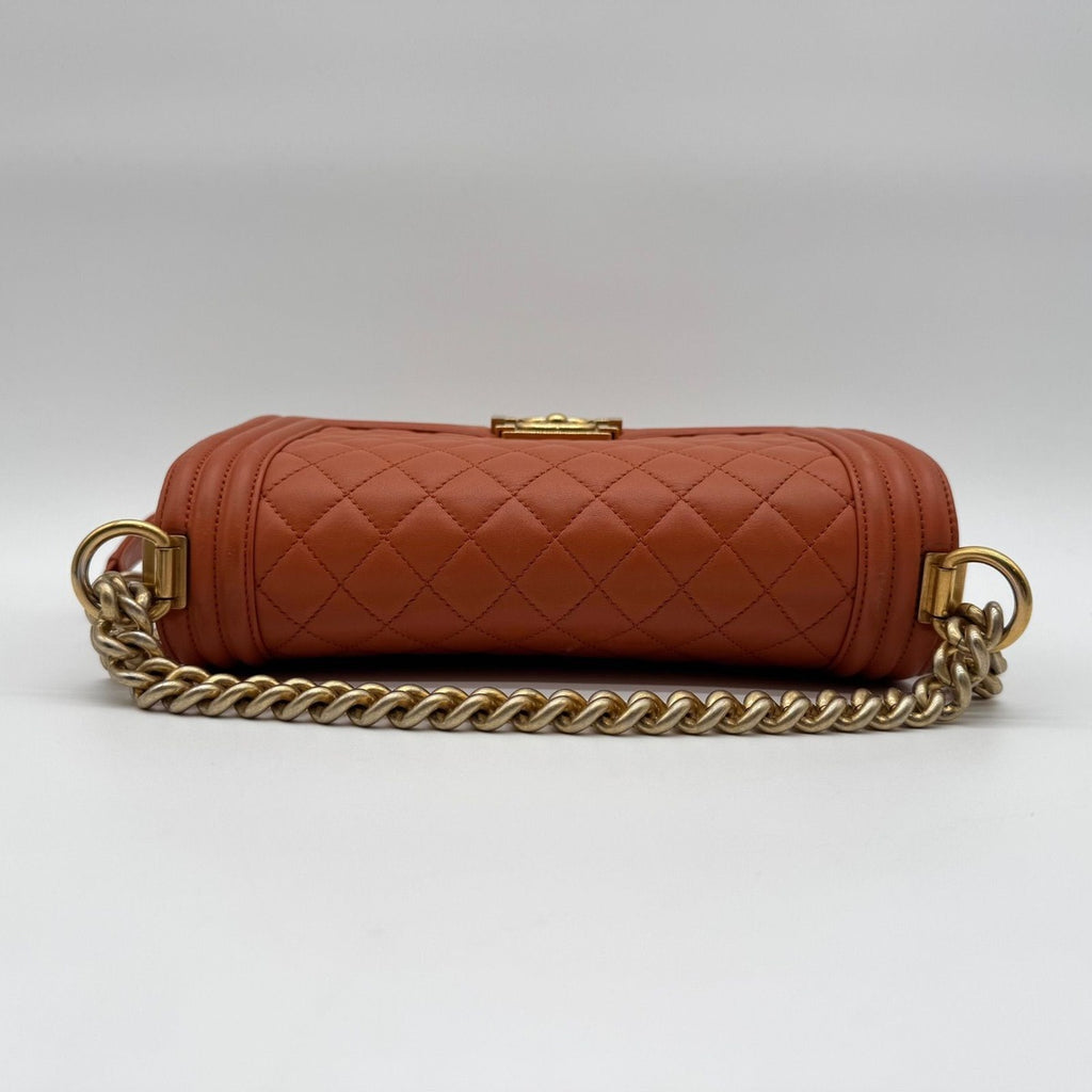 Chanel Large Shoulder Bag Boy CC Logo Gold Orange Leather with Shield Chain — view 5