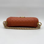 Chanel Large Shoulder Bag Boy CC Logo Gold Orange Leather with Shield Chain — view 5