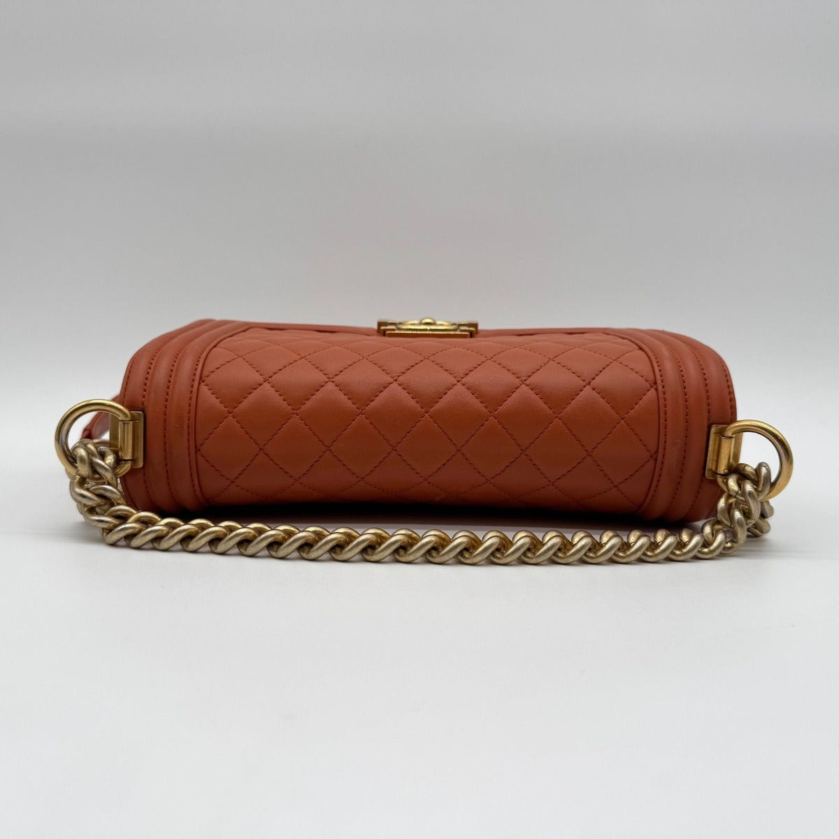 Chanel Large Shoulder Bag Boy CC Logo Gold Orange Leather with Shield Chain — view 5