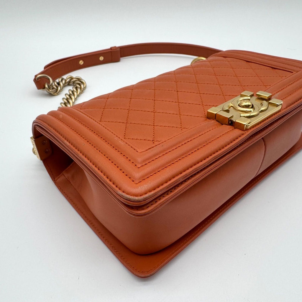 Chanel Large Shoulder Bag Boy CC Logo Gold Orange Leather with Shield Chain — view 7
