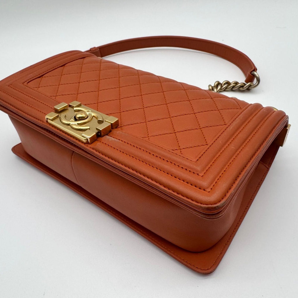 Chanel Large Shoulder Bag Boy CC Logo Gold Orange Leather with Shield Chain — view 8