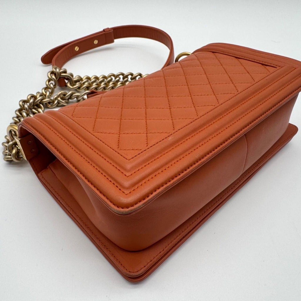 Chanel Large Shoulder Bag Boy CC Logo Gold Orange Leather with Shield Chain — view 9
